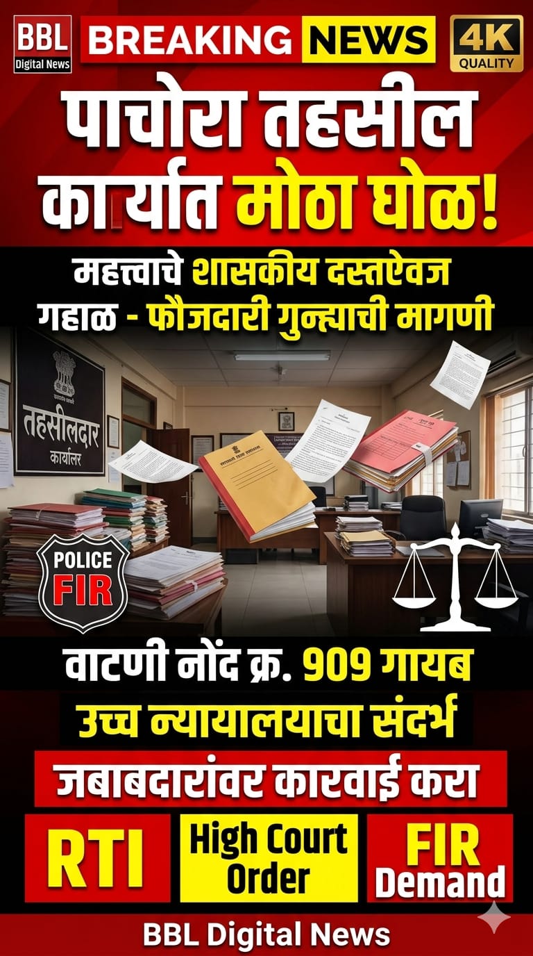 पाचोरा तहसील कार्यालयात शासकीय दस्तऐवज गहाळ; जबाबदारांवर फौजदारी गुन्हा दाखल करण्याची मागणी